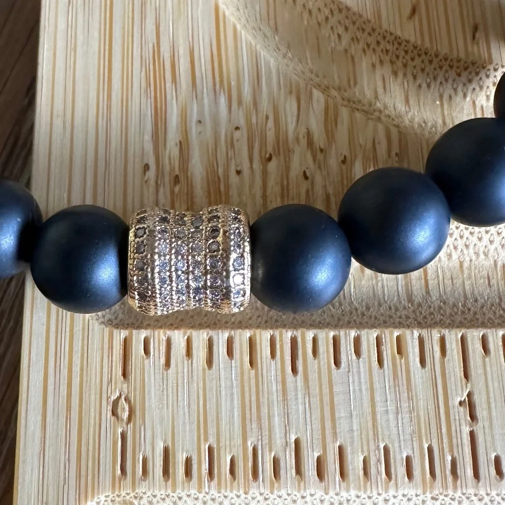 Matte Onyx 8mm Stretch Bracelet w/ Gold Crystal Pave Spacer